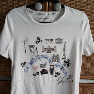 KARL LAGERFELD GRAPHIC EMBELLISHED PARISAN STREET SCENES W/KARL & CHOPETTE MED